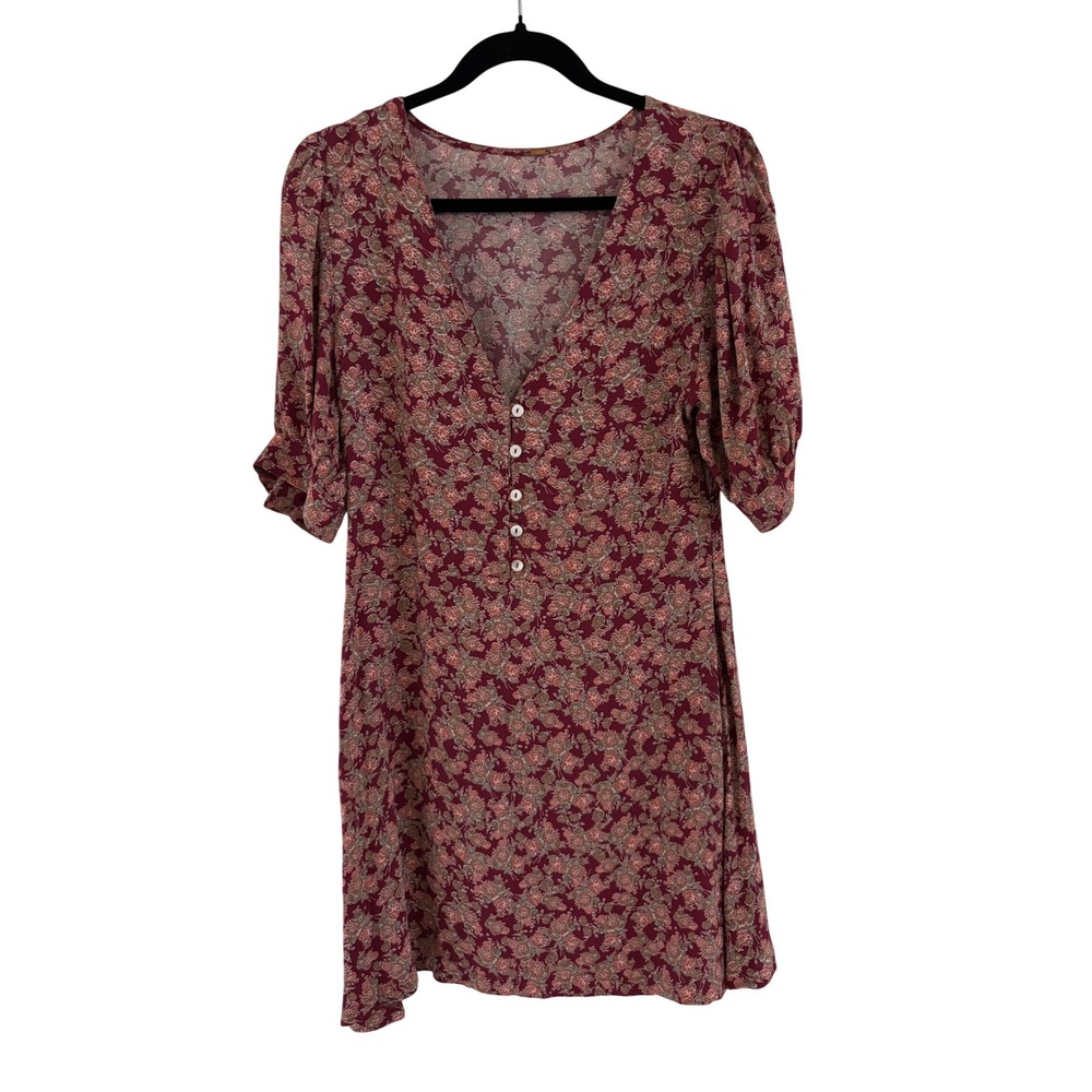 Free People Burgundy Floral V-Neck Button Front Puffy Sleeve Mini Dress Size S